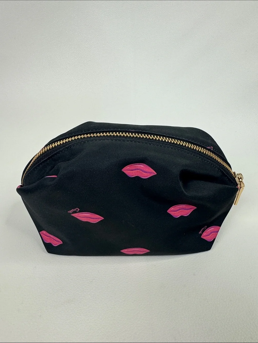 Coach Nylon Black Cosmetic Pouch with Pink Lip Motif Gold zipper & logo